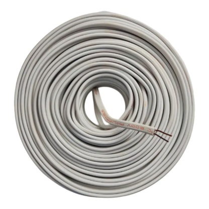 A coiled roll of light gray electrical wire or cable with two exposed copper-toned导体 ends visible, isolated on a white background.