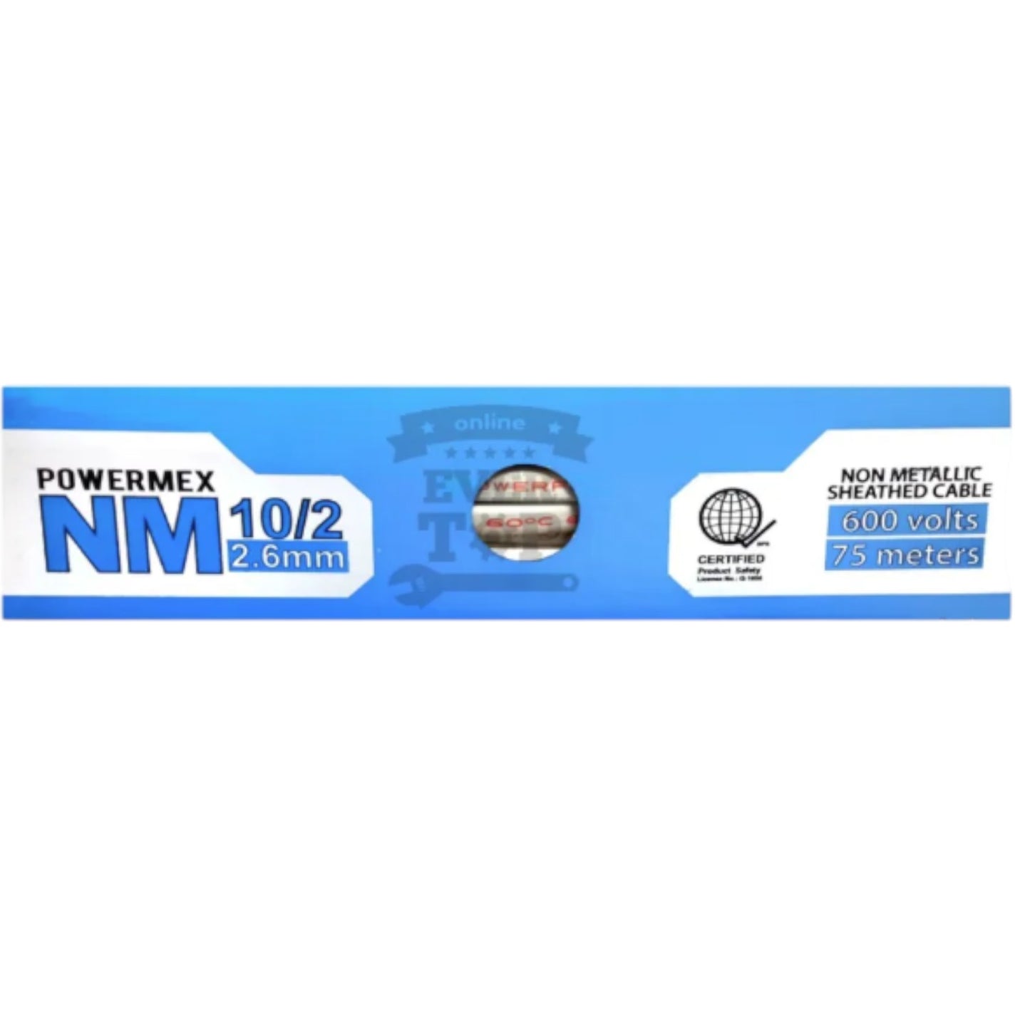 A blue and white PowerMEX NM 10/2 2.6mm non-metallic sheathed cable product package, showing specifications and a small circular cutout revealing the cable inside.