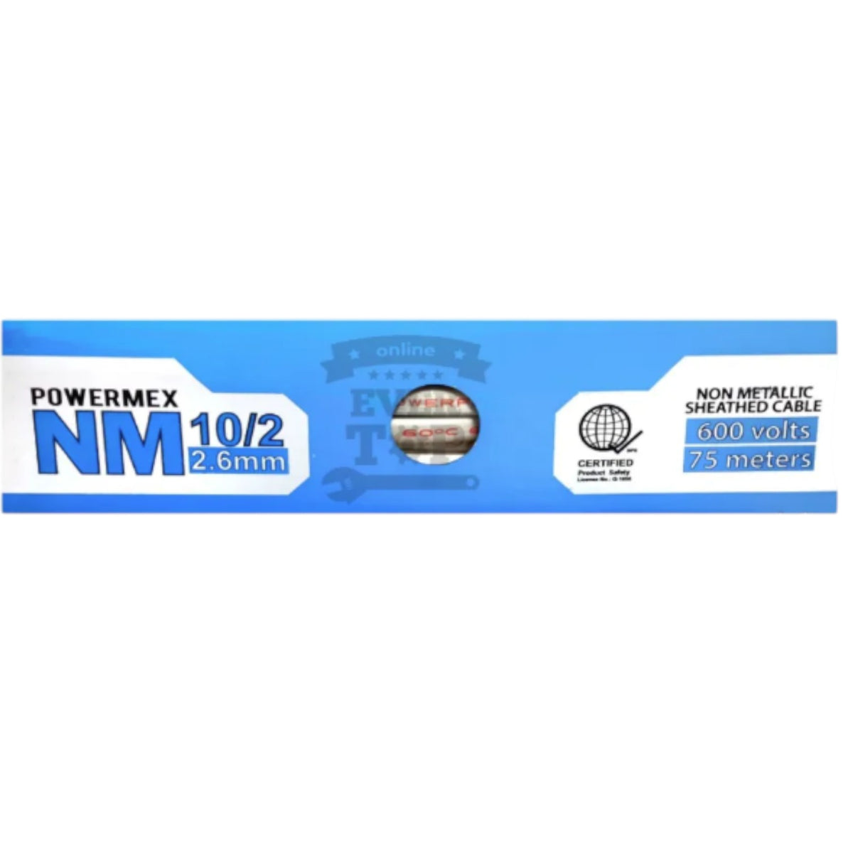 A blue and white PowerMEX NM 10/2 2.6mm non-metallic sheathed cable product package, showing specifications and a small circular cutout revealing the cable inside.