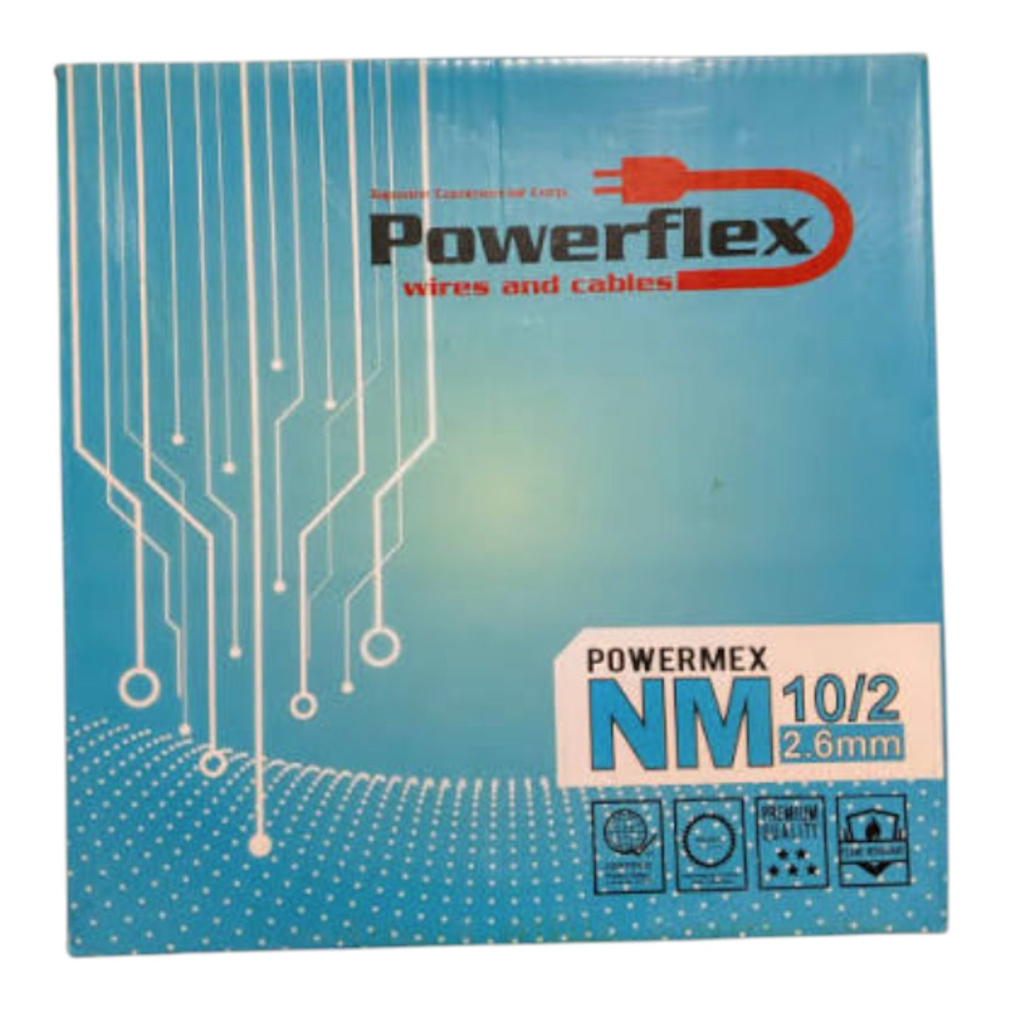 A square blue product box for Powerflex wires and cables, featuring circuit board graphics on the left, a red power plug logo, and white text indicating POWERMEX NM 10/2 2.6mm.