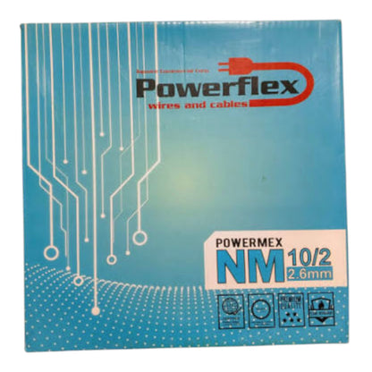 A square blue product box for Powerflex wires and cables, featuring circuit board graphics on the left, a red power plug logo, and white text indicating POWERMEX NM 10/2 2.6mm.