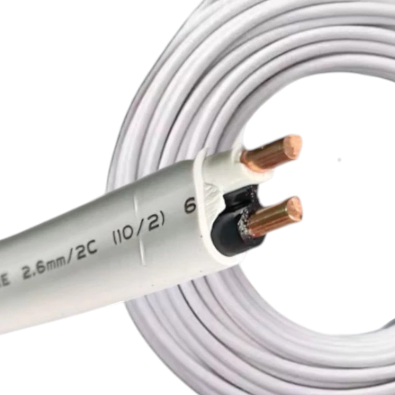A close-up of a coiled white cable with two exposed copper-colored conductors and printed text reading '2.6mm/2C (10/2)'.