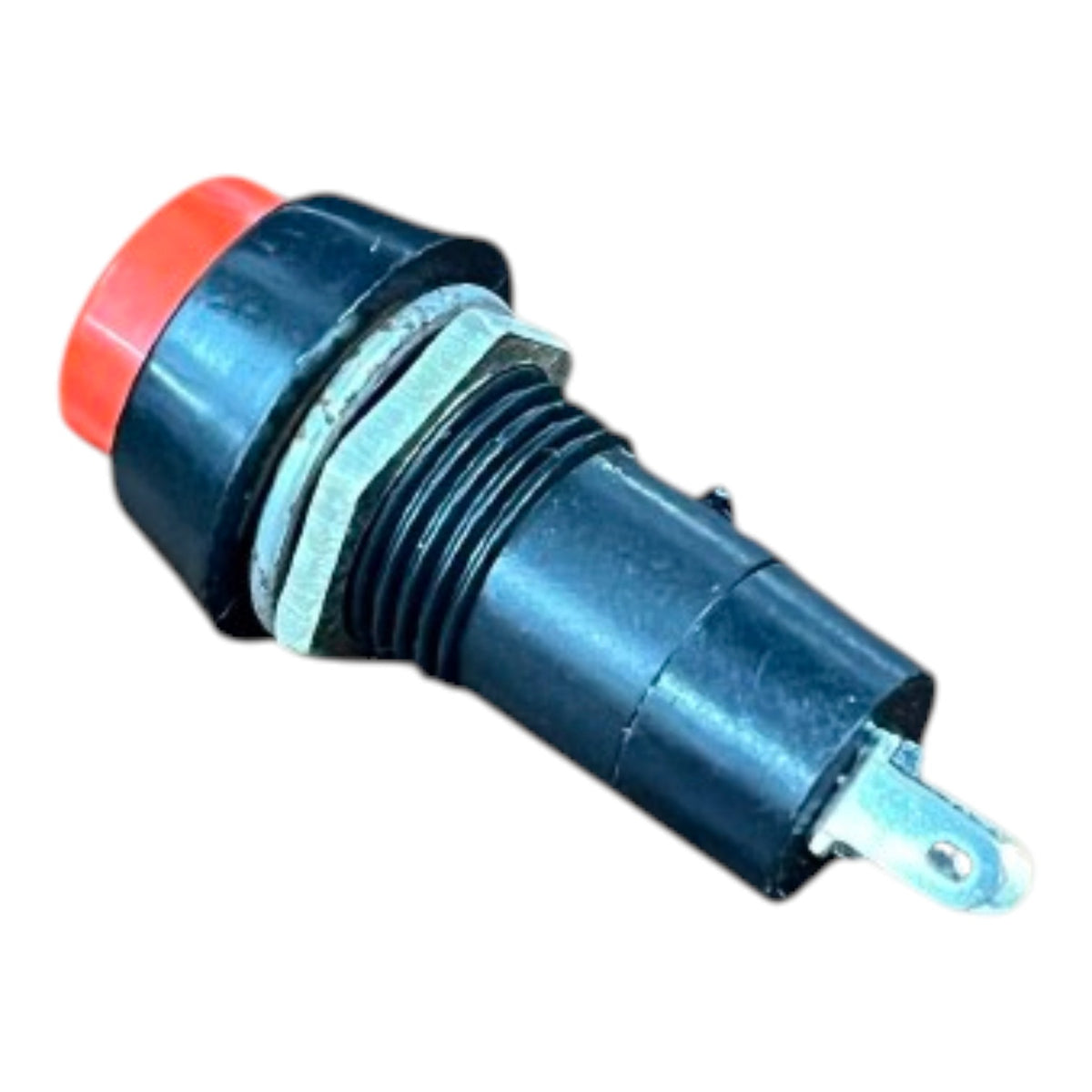 An industrial push-button switch with a red button head and a black plastic housing, featuring a silver metal hex nut and terminal leads, isolated on a white background.