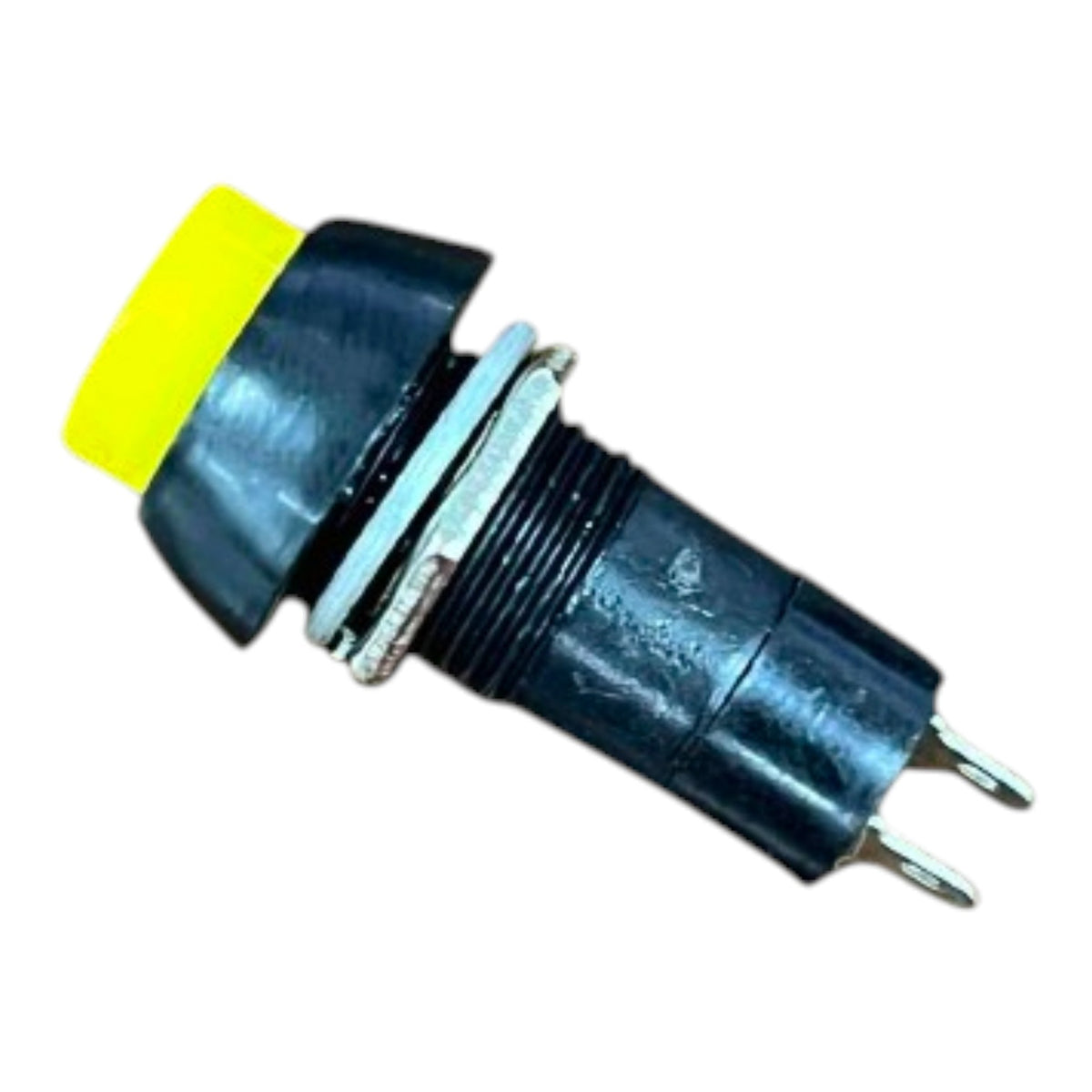 A black plastic push-in button socket with a bright yellow button and two silver metal pins, isolated on a white background.