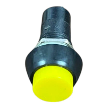 A small industrial push-button switch with a bright yellow circular front and a black cylindrical housing, isolated on a white background.