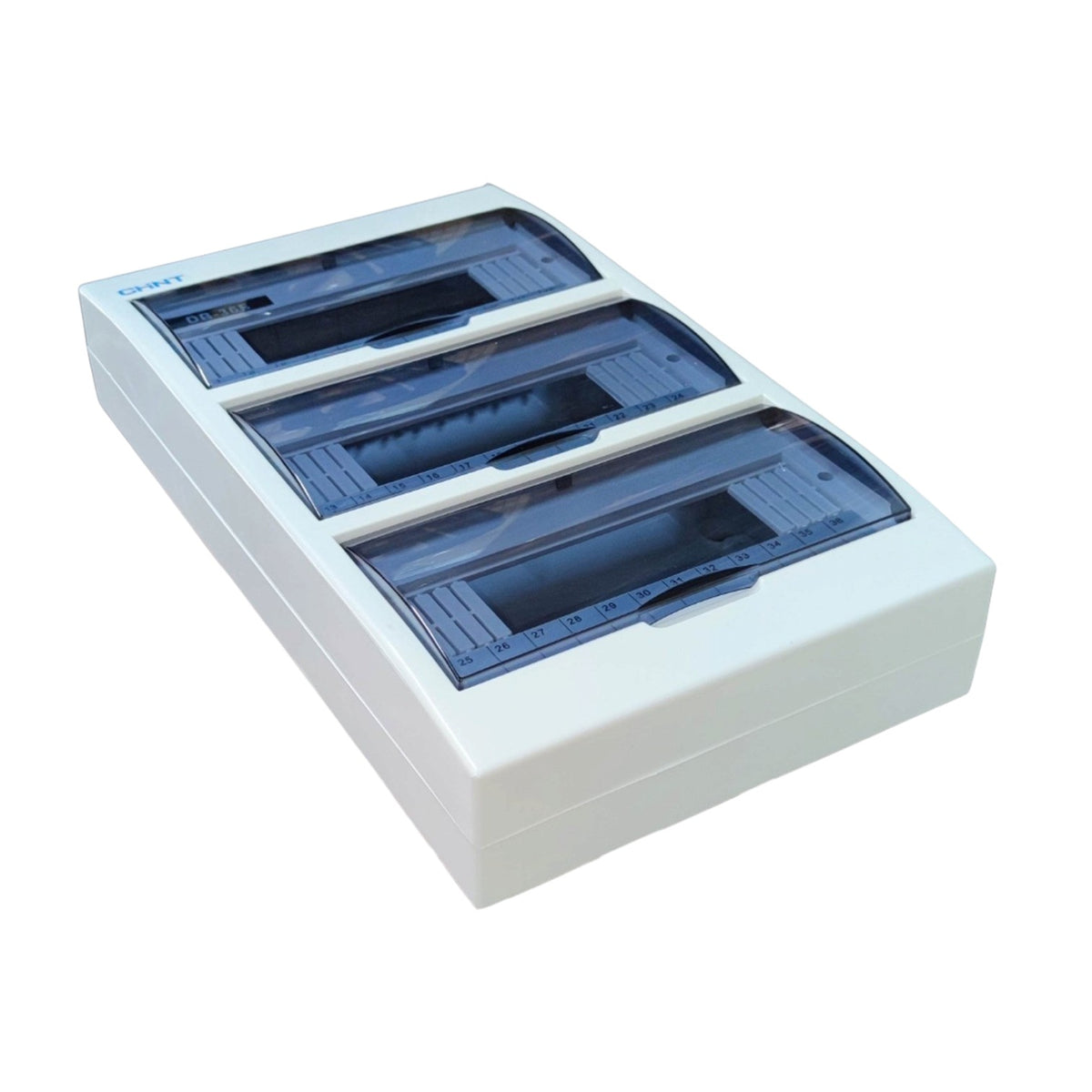 A white plastic electrical junction box cover with three blue translucent plastic compartments, shown on a plain white background.