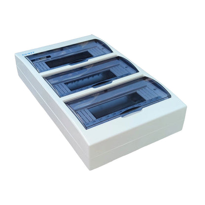 A white plastic electrical junction box cover with three blue translucent plastic compartments, shown on a plain white background.