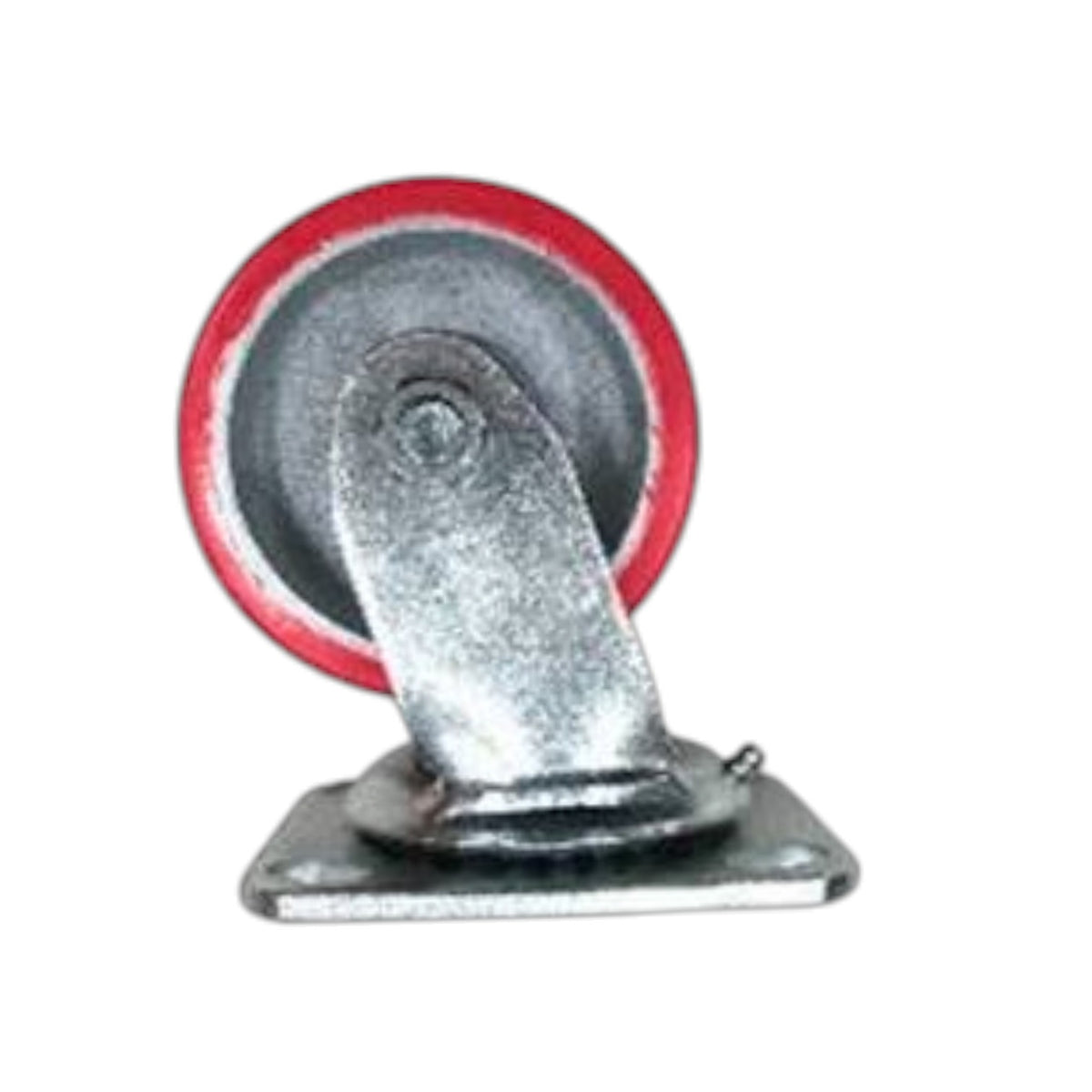 A single industrial swivel caster wheel with a galvanized steel mounting bracket and a red-rimmed rubber wheel, isolated on a white background.