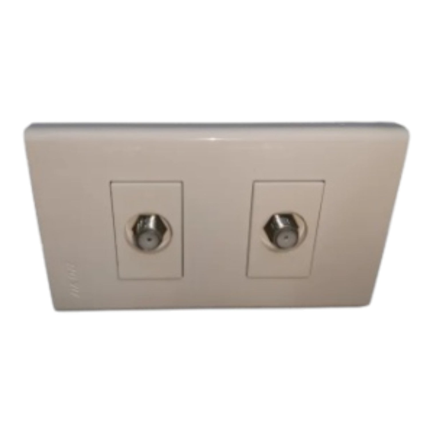 A dual coaxial cable input wall plate with two silver RF connectors set in a beige plastic faceplate, shown against a plain white background.