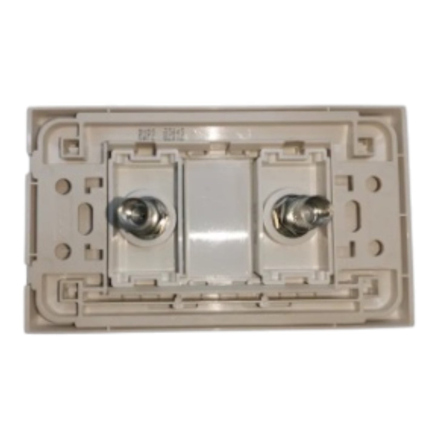 A dual-gang light switch backplate with two screw terminals, shown against a plain white background.
