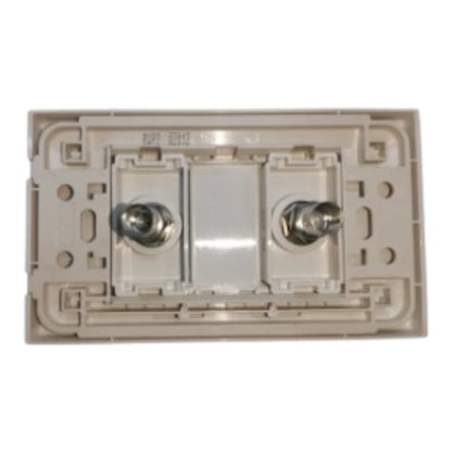 A dual-gang light switch backplate with two screw terminals, shown against a plain white background.