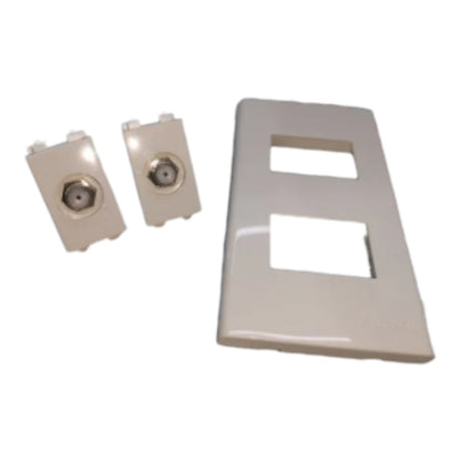 Two small beige plastic connector pieces next to a larger matching beige cover plate, shown on a plain white background.