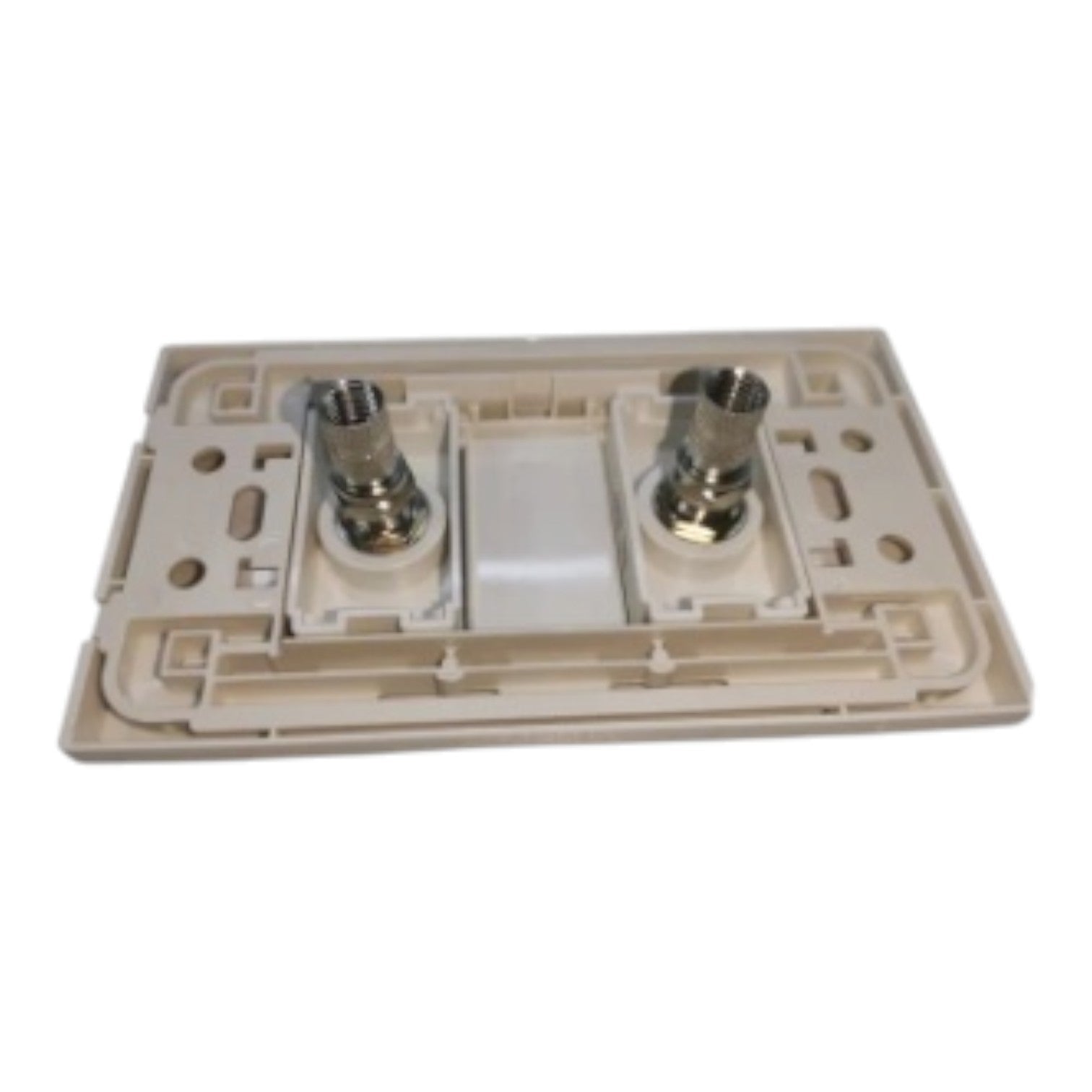 A beige plastic double wall outlet cover plate with two metal screw terminals, shown on a plain white background.