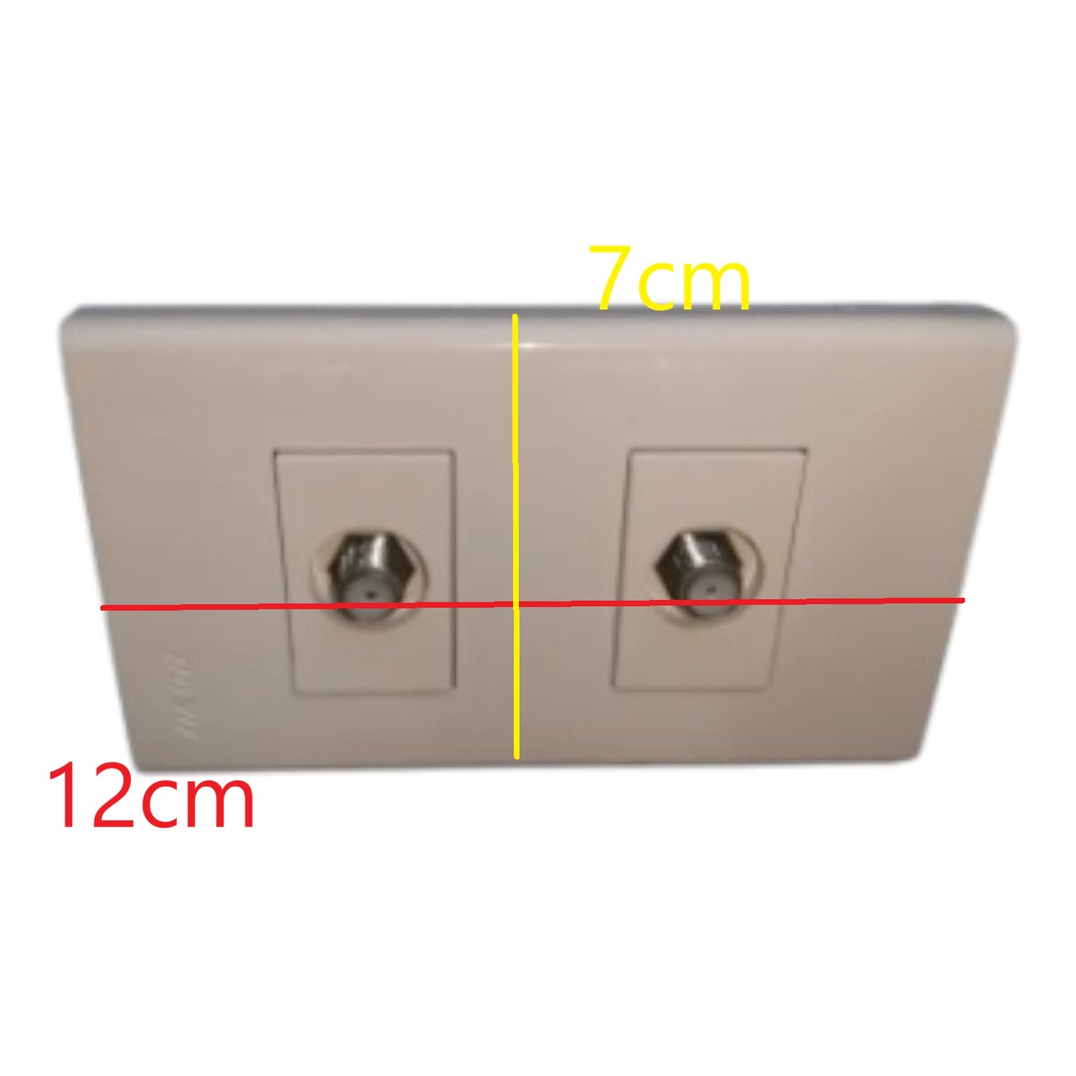 A dual coaxial cable connectors wall plate shown with red and yellow dimension lines indicating 12cm width and 7cm height on a white background.
