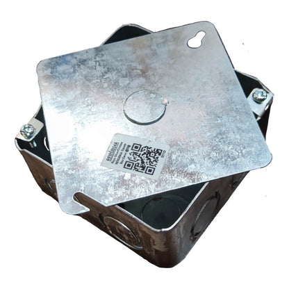 A square metal electrical junction box with a hinged top cover, made of galvanized steel, featuring a QR code sticker on the lid, shown against a plain white background.