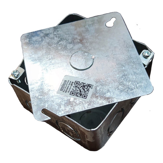 A square metal electrical junction box with a hinged top cover, made of galvanized steel, featuring a QR code sticker on the lid, shown against a plain white background.