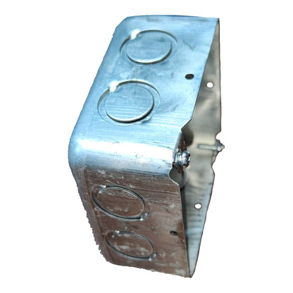 Galvanized metal electrical junction box with three circular screw terminals on one side and mounting tabs on the other, shown on a plain white background.