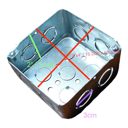 A galvanized steel electrical junction box shown on a white background with red, green, purple, and pink measurement annotations indicating dimensions.