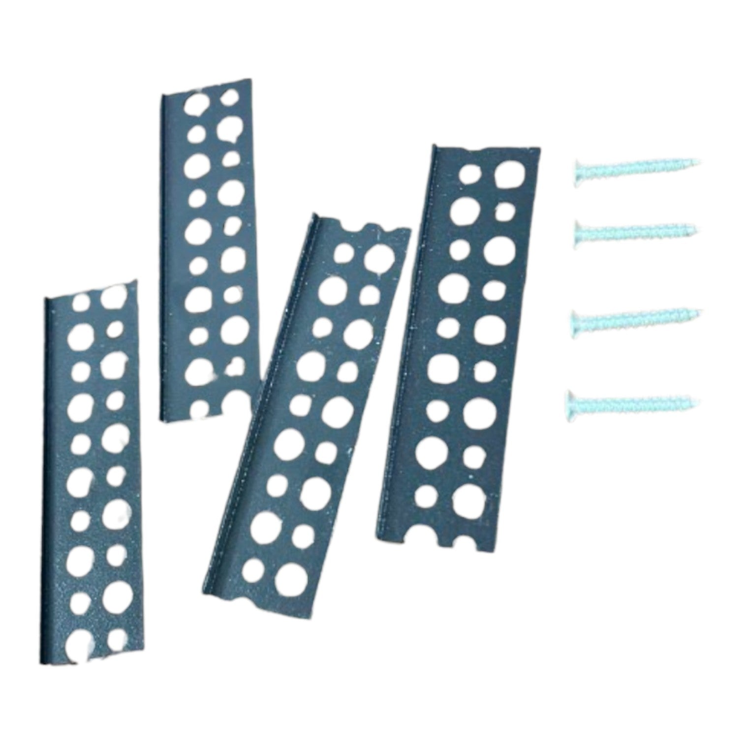 Four dark gray metal mounting brackets with circular cutouts, shown with four light blue screws on a plain white background.