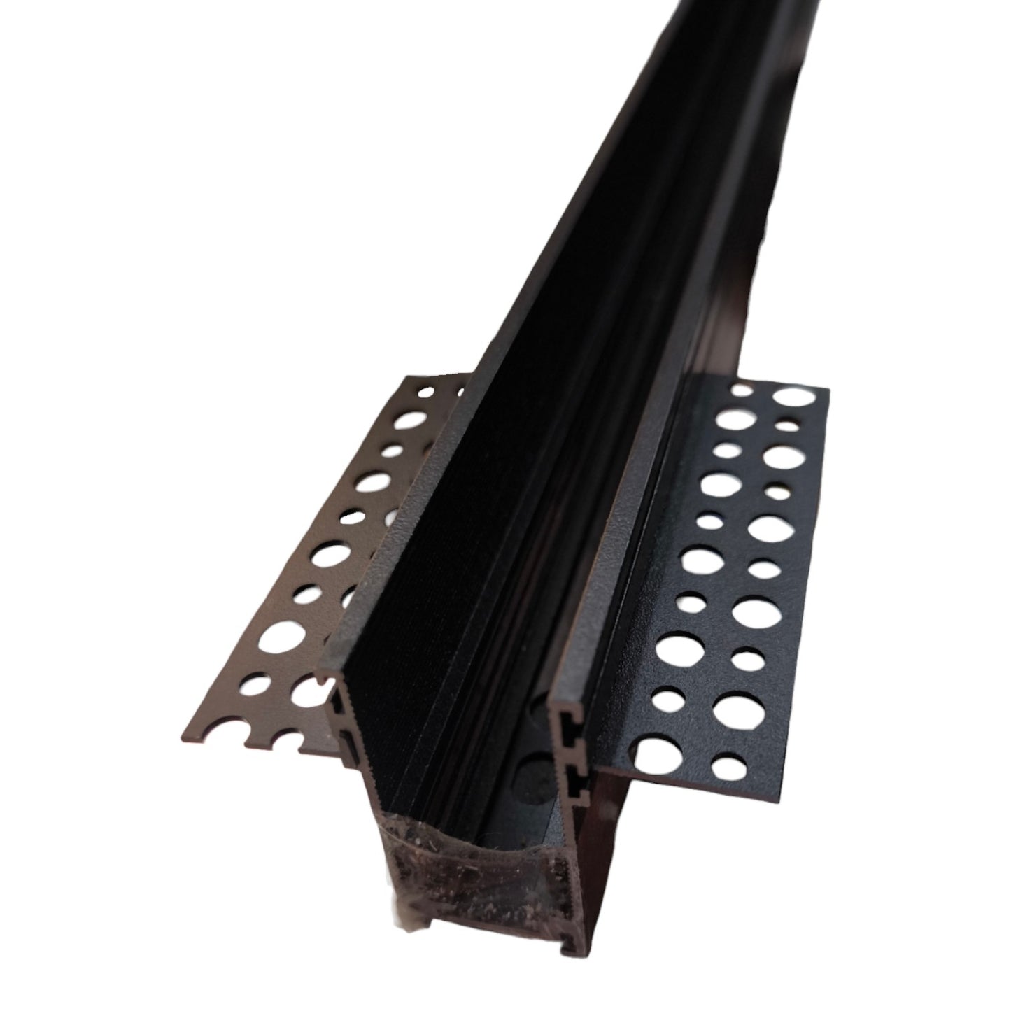 A black metal channel profile or trim rail with perforated side plates, shown on a plain white background.