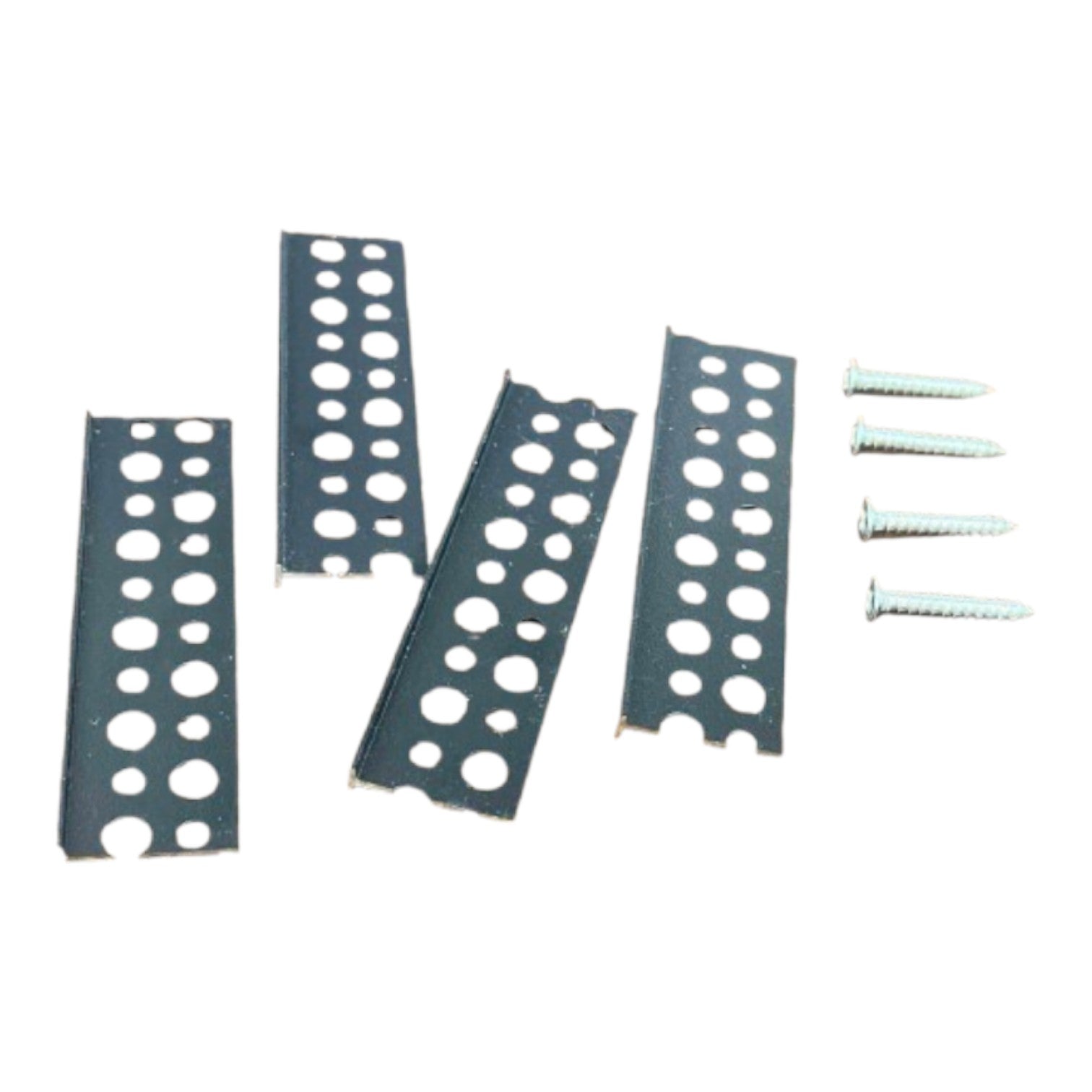 Four dark gray metal mounting brackets with circular cutouts and four silver screws, shown on a plain white background.