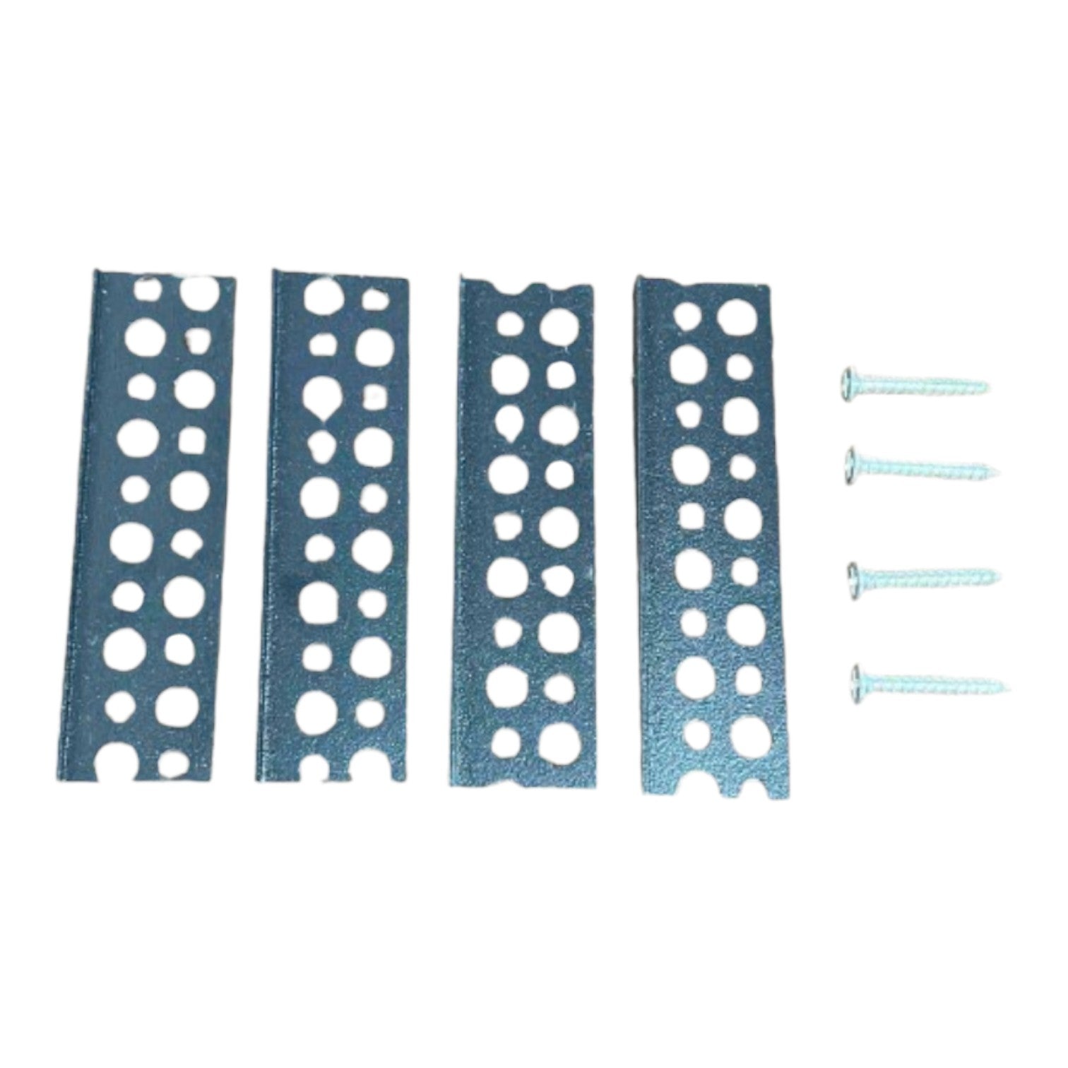 Four dark gray metal mounting brackets with circular cutouts, shown next to four silver screws on a plain white background.
