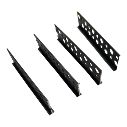 Four black metal mounting brackets with circular cutouts, arranged diagonally on a plain white background.