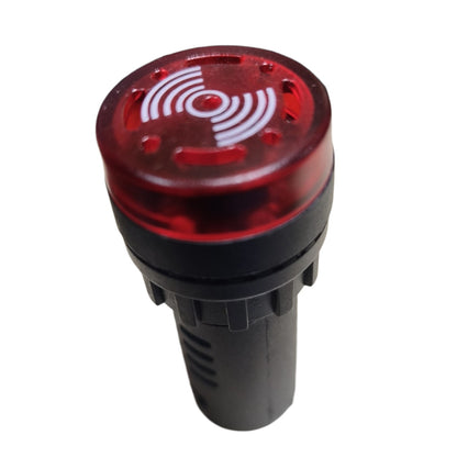 A red and black cylindrical warning light or signal bulb with a translucent red top featuring a white concentric wave symbol, shown on a plain white background.