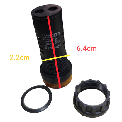 A black cylindrical pump or filter component with a threaded base, shown with two separate black ring parts on a white background. Red and yellow measurement overlays indicate dimensions of the main component.