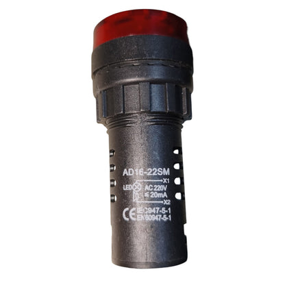 An industrial LED indicator light with a black cylindrical body, white technical specifications printed on the side, and a translucent red top cap, shown against a plain white background.