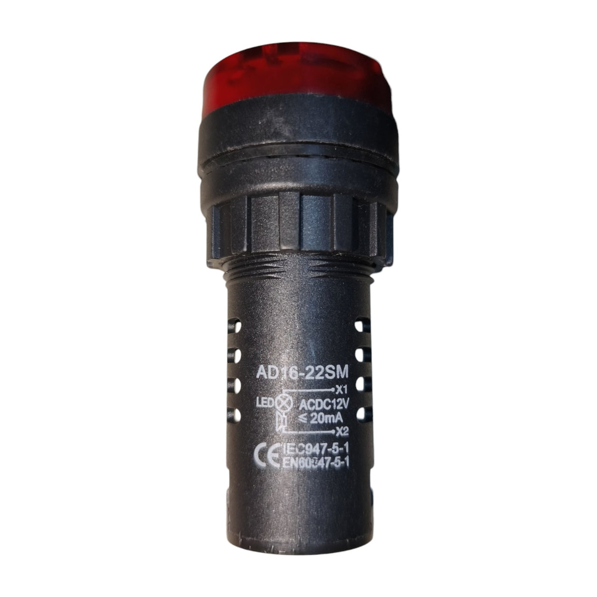 A black industrial LED indicator light with a red lens, featuring printed technical specifications on the side, isolated on a white background.