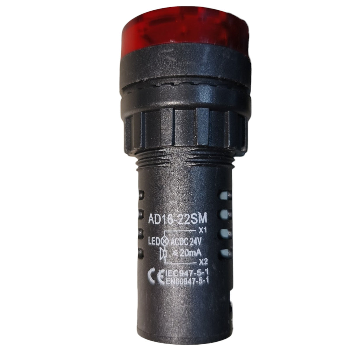 A black industrial LED indicator light with a red lens, featuring printed technical specifications on the side, isolated on a white background.