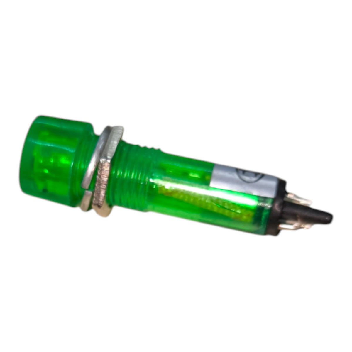 A small green translucent plastic electrical connector or switch component with a silver metal band and black tip, isolated on a white background.
