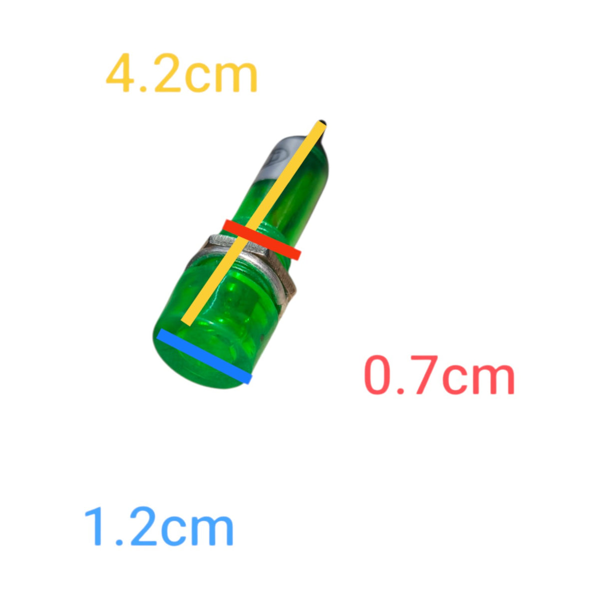 A small green cylindrical bottle or tube shown on a white background with colored measurement lines and text labels reading 4.2cm, 0.