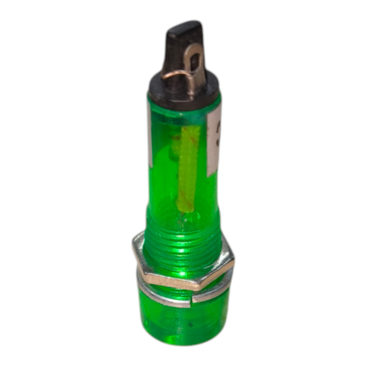 A green translucent cylindrical light or signal component with a dark metal top and silver metal band near the base, isolated on a white background.