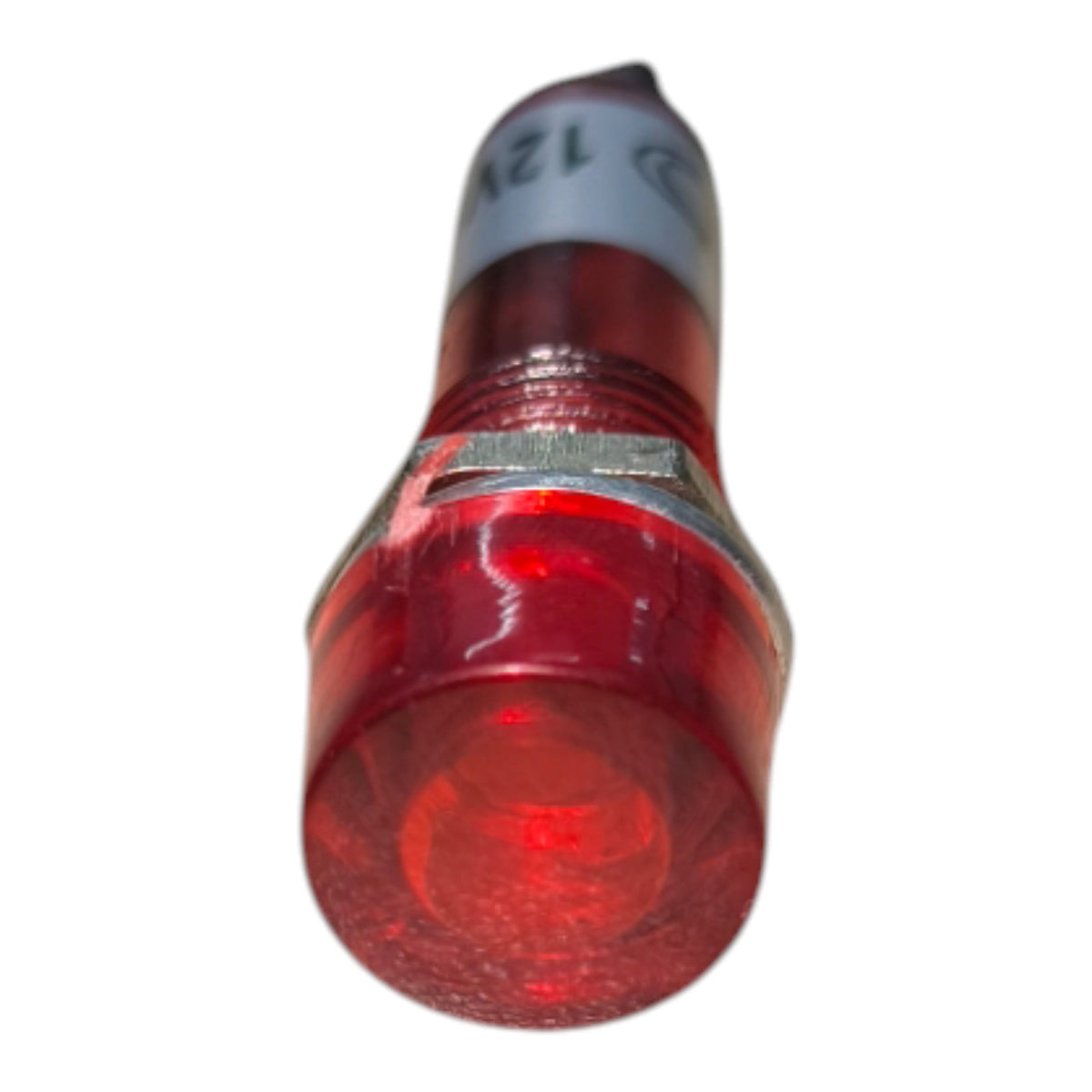 A red LED indicator light with a clear plastic lens, a silver metal collar, and a white terminal label showing '12V'.