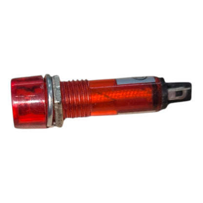 A red translucent automotive light component with a silver metal threaded body and a black terminal piece on one end, isolated on a white background.