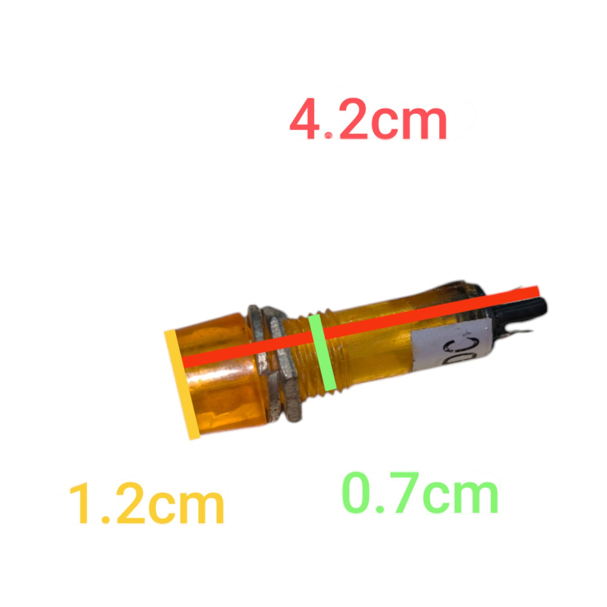 A small cylindrical amber/orange plastic component with a metal threaded section and black wire, shown on a white background with red, yellow, and green dimension labels reading 4.2cm, 1.