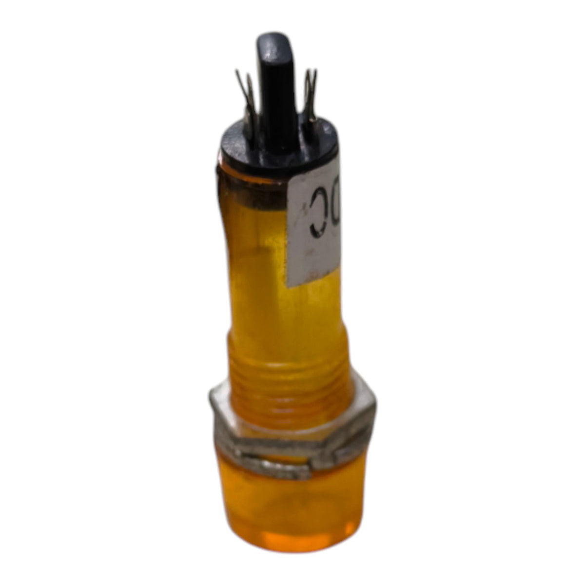 A small cylindrical electronic component with a translucent amber-orange plastic body, a black top section with several metal pins, and a silver metal band near the base, isolated on a white background.