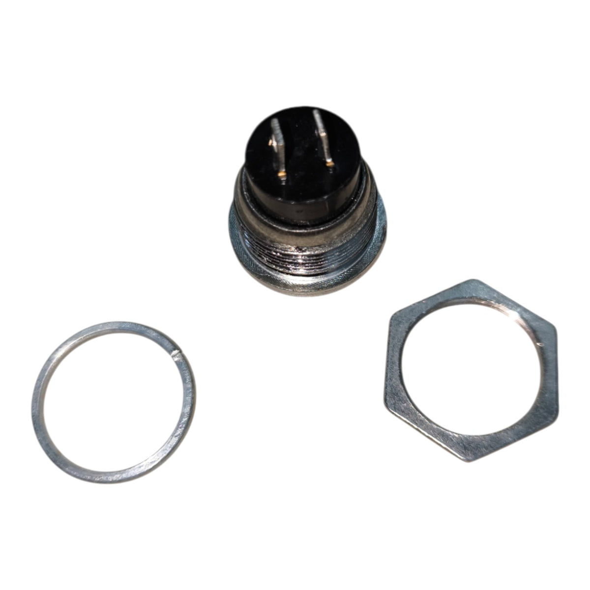 A small metal hardware component with a black top and silver threaded base, shown with two loose metal washers on a plain white background.