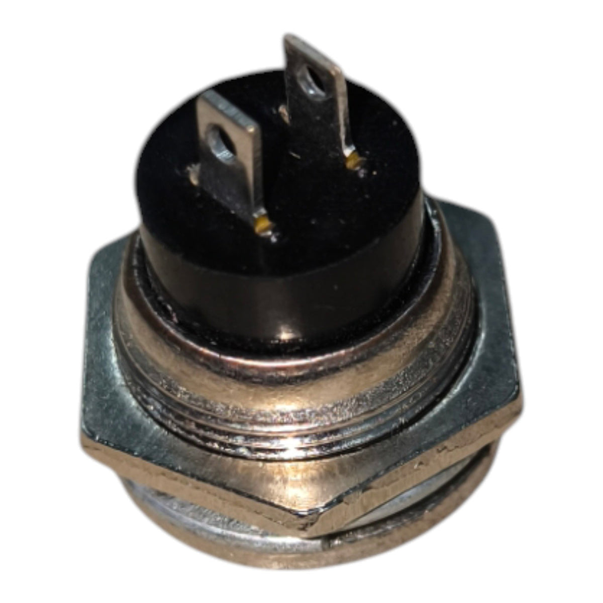 A small black electrical connector with two metal pins and a hexagonal metal base, shown on a plain white background.