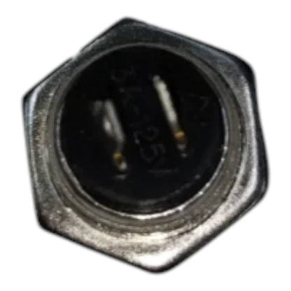 A close-up of a metallic hexagonal electrical connector with two pins visible inside a black circular opening, isolated on a white background.