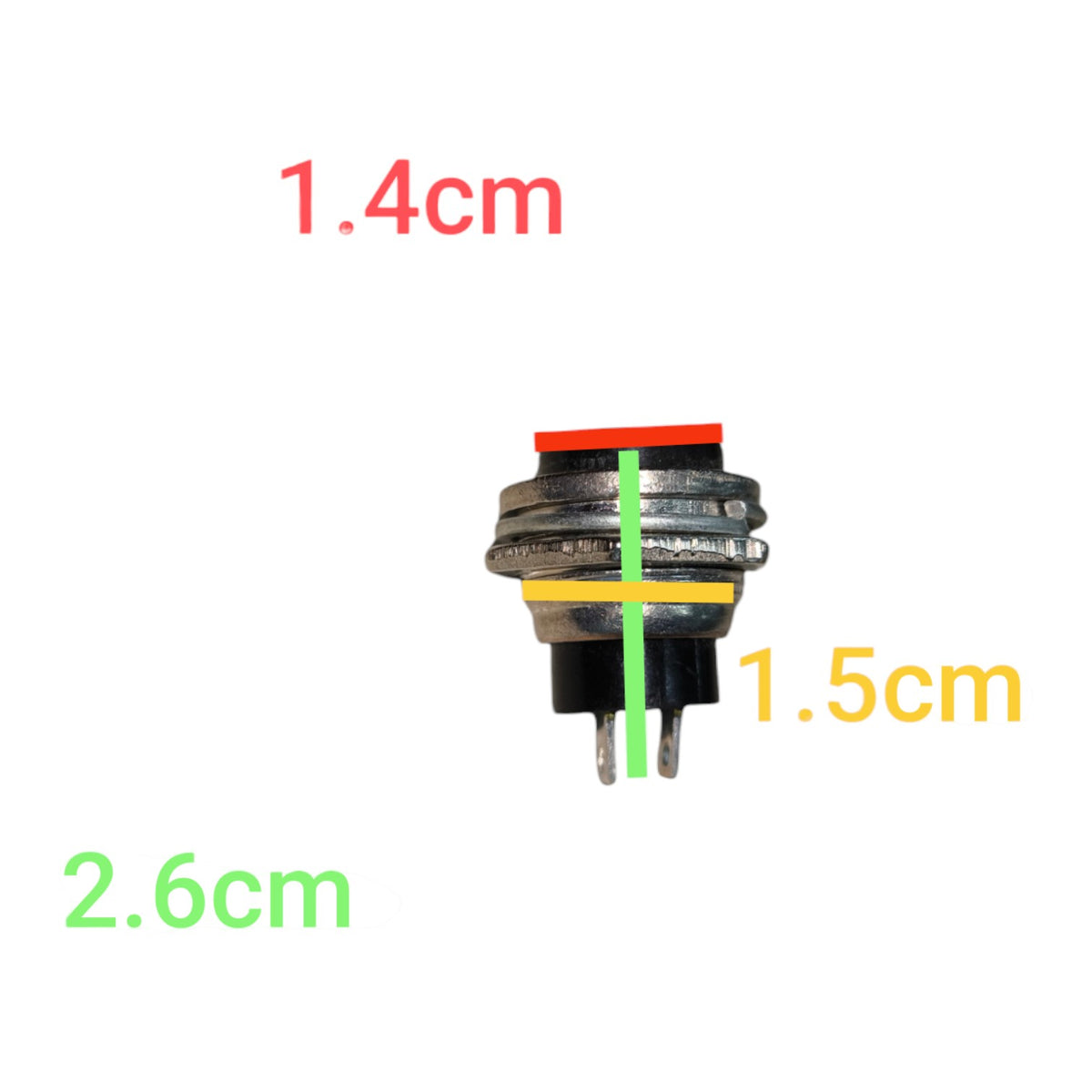 A small metal electrical push-button switch with a red top and black base, shown on a white background with red, yellow, green, and light green dimension labels indicating 1.4cm, 1.