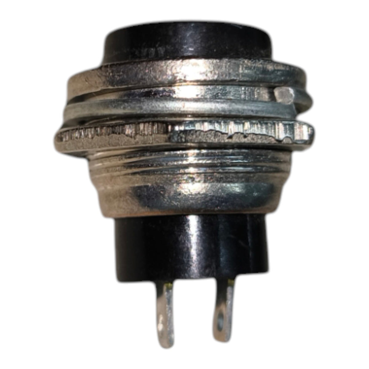 A small metal and black cylindrical component with two pins, isolated on a plain white background.