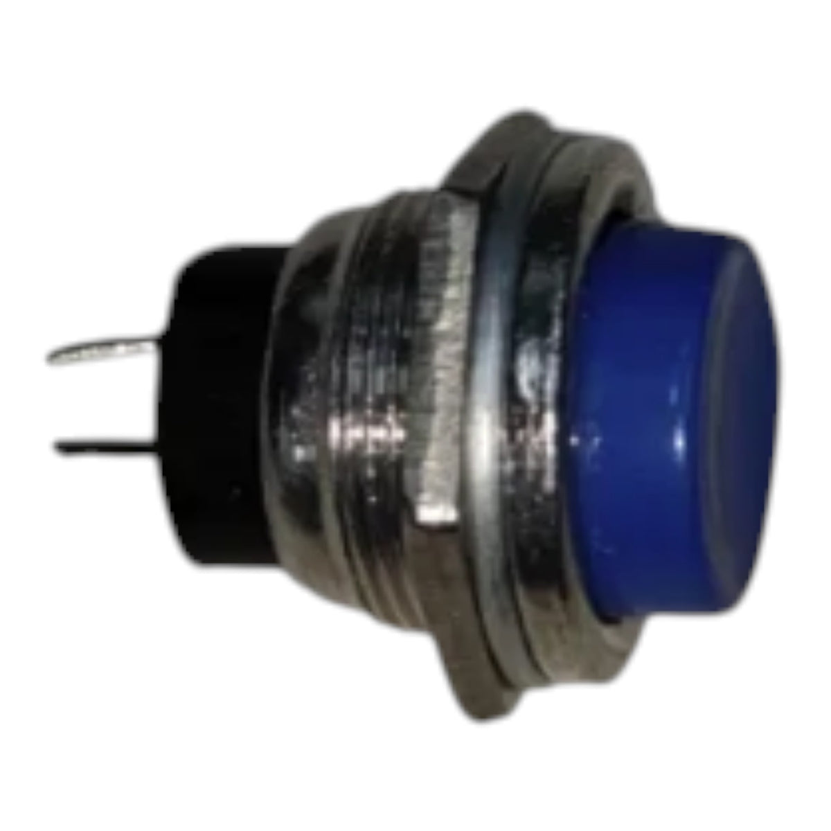 A small industrial push-button switch with a blue button face, a silver metal housing, and a black terminal base with two pins, shown against a plain white background.
