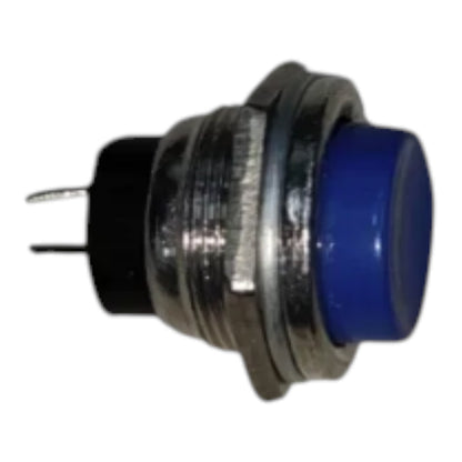 A small industrial push-button switch with a blue button face, a silver metal housing, and a black terminal base with two pins, shown against a plain white background.
