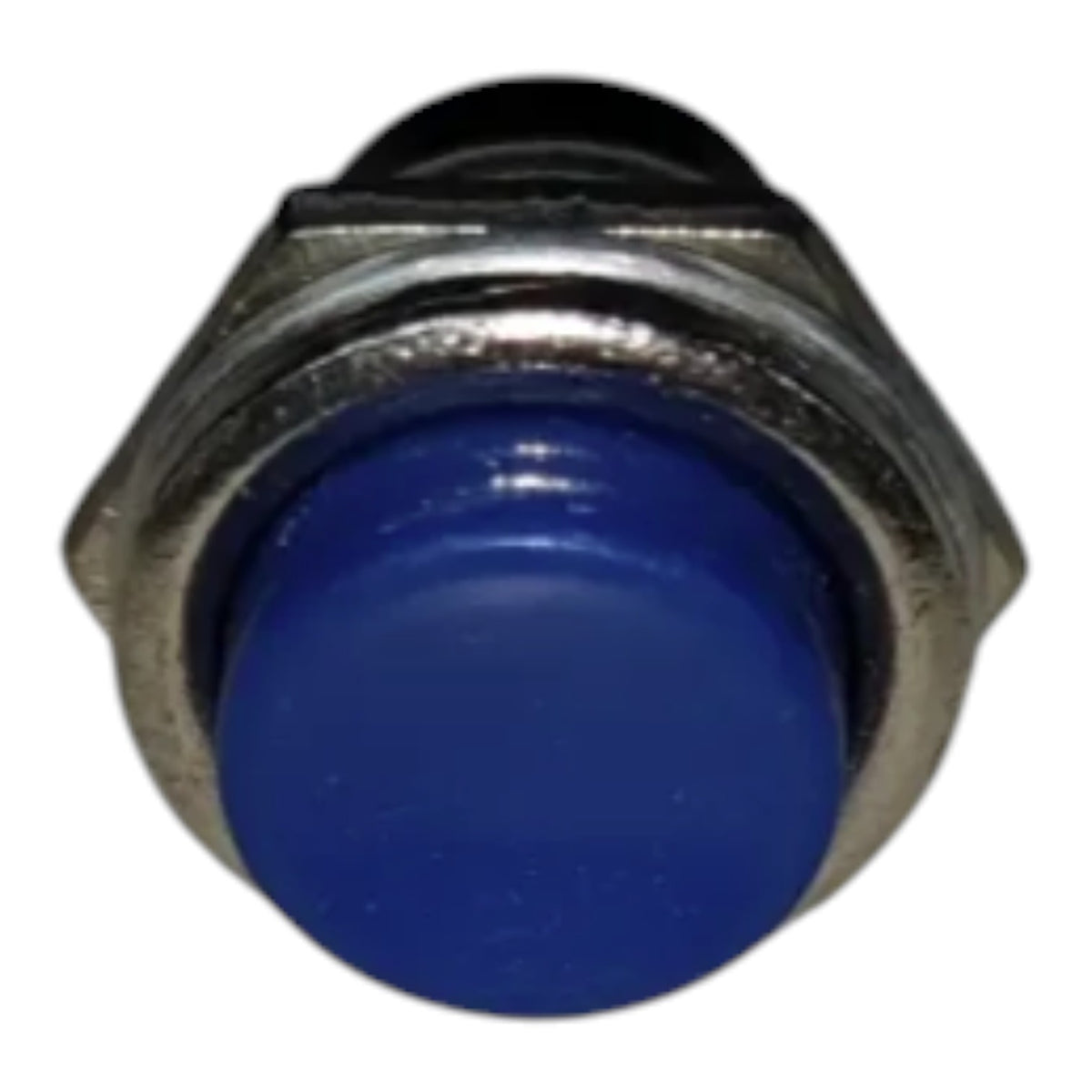 A close-up of a blue push-button switch with a silver metal housing on a white background.