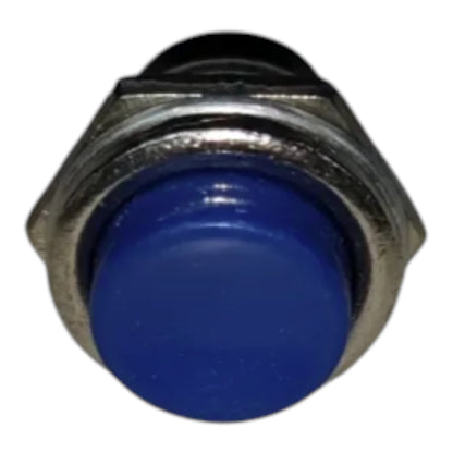 A close-up of a blue push-button switch with a silver metal housing on a white background.