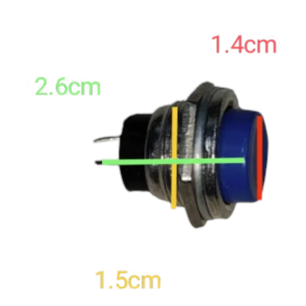 A small cylindrical push-button component on a white background with overlaid dimension labels: 1.4cm in red, 2.