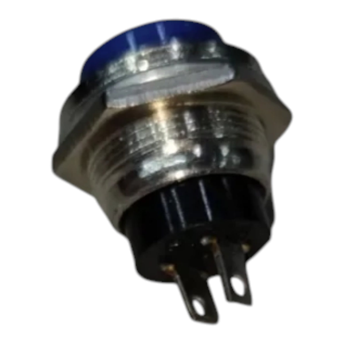 A small industrial push-button switch with a blue button face, a silver metal housing, and a black terminal base with two pins, shown on a plain white background.